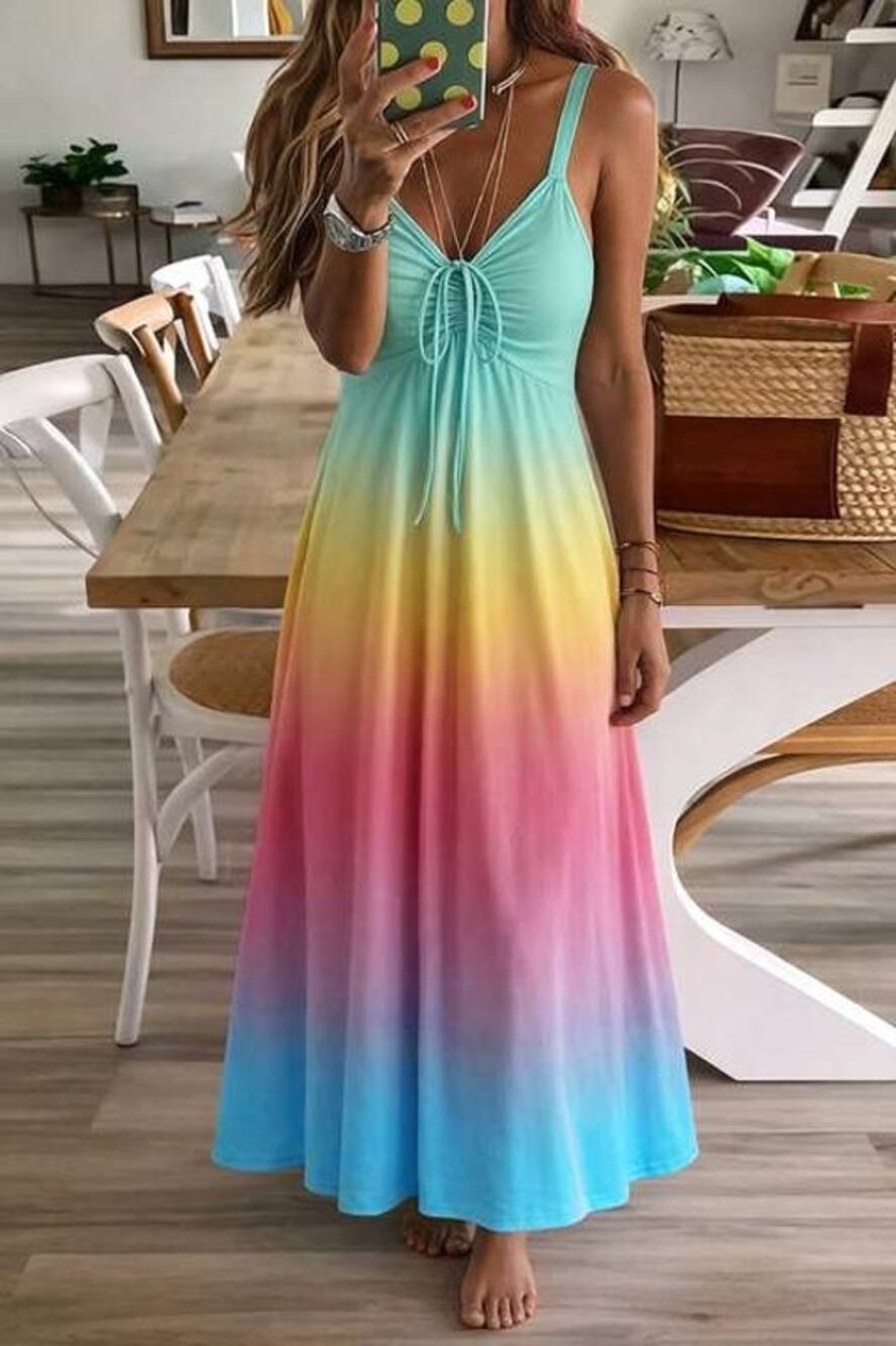 Flamingals M Multicolor Ombre Lace Up Ruched Bust Backless Maxi Tank Dress NWT
